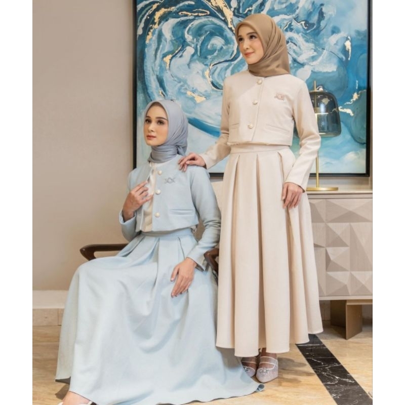 New Lenore Set Milky White Winter Blue Raven Black Blazer Skirt Ayana Tunic Daisy Store Wearing Klam