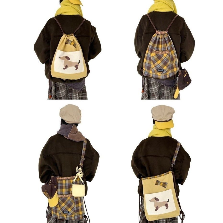 Tas 2 IN 1 Ransel + Selempang Lucu/Tas Wanita Serut Backpack Multifungsi Kotak-kotak/Tas Selempang W