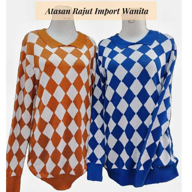 Sweater Rajut Oversize Motif Kotak-Kotak Atasan Rajut Jumbo Atasan Wanita