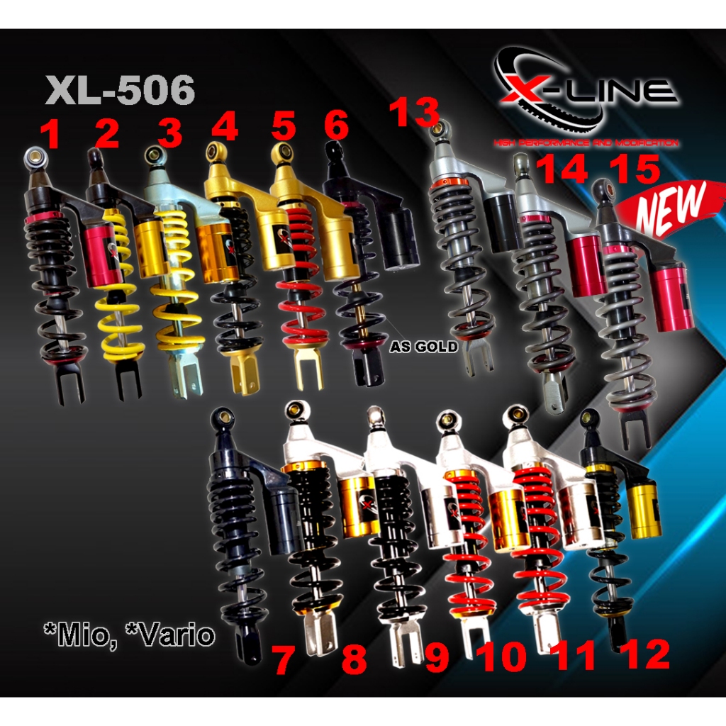 X-LINE SHOCK SHOK SHOCKBREAKER BELAKANG TIPE 506 MOTOR MIO TABUNG ATAS 310MM ORIGINAL 100%