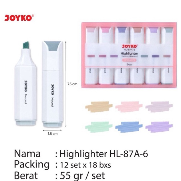 

KODE Q7Z 1 set 6 pcs Joyko Highlighter HL87A6 Penanda Berwarna Morandi isi 6 warna