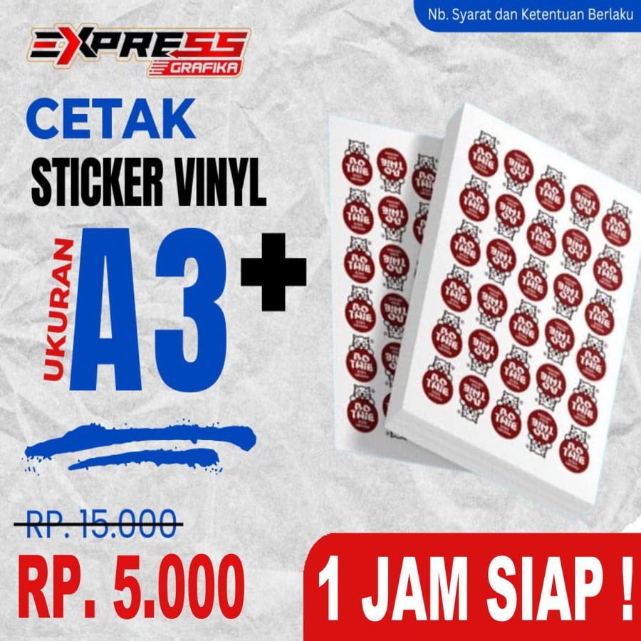 

CETAK STIKER LABEL VINYL (TAHAN AIR) KEMASAN A3+ LAMINATING(HANYA CETAK DAN LAMIT)