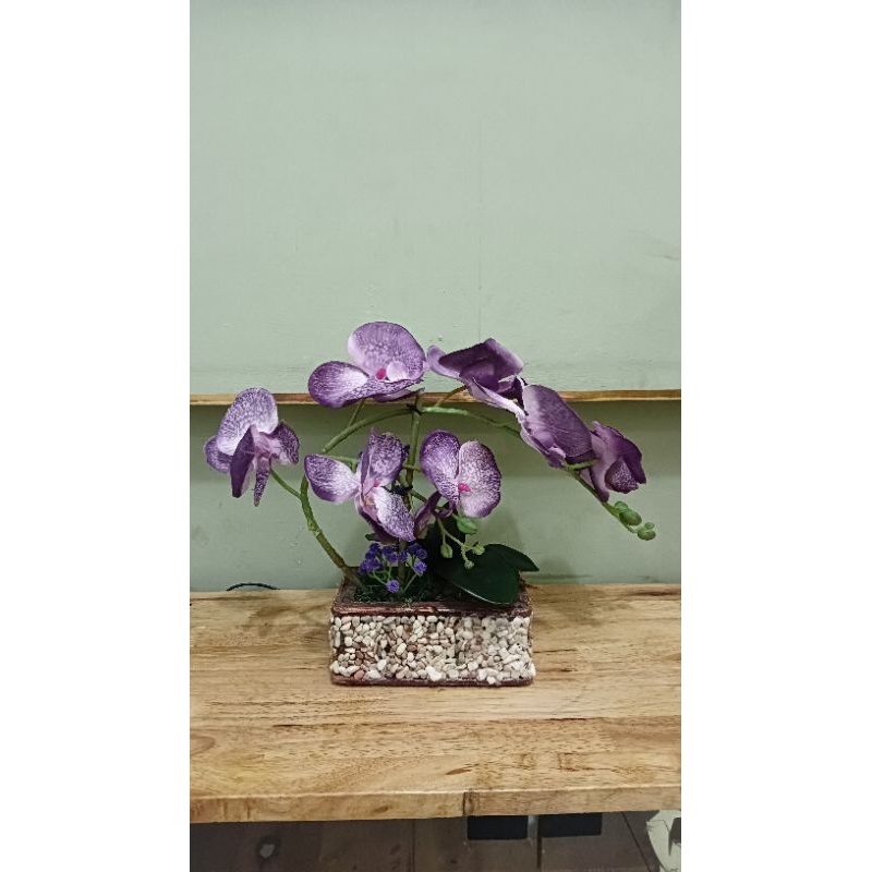 Anggrek kain 2 cabang set vas/ anggrek kain set vas/bunga anggrek palsu set vas kacang/bunga anggrek