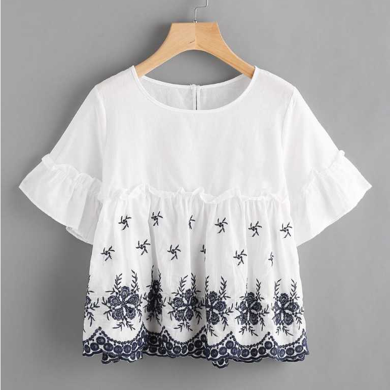 BORDIR PUTRI Baju Blouse Blus Atasan Putih Bordir Wanita Kekinian Korean Style
