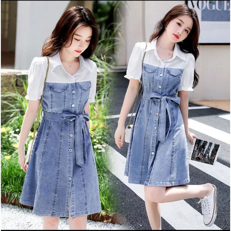 DRESS WANITA BAHAN DENIM, DRESS JEANS WANITA ALA KOREA TERBARU