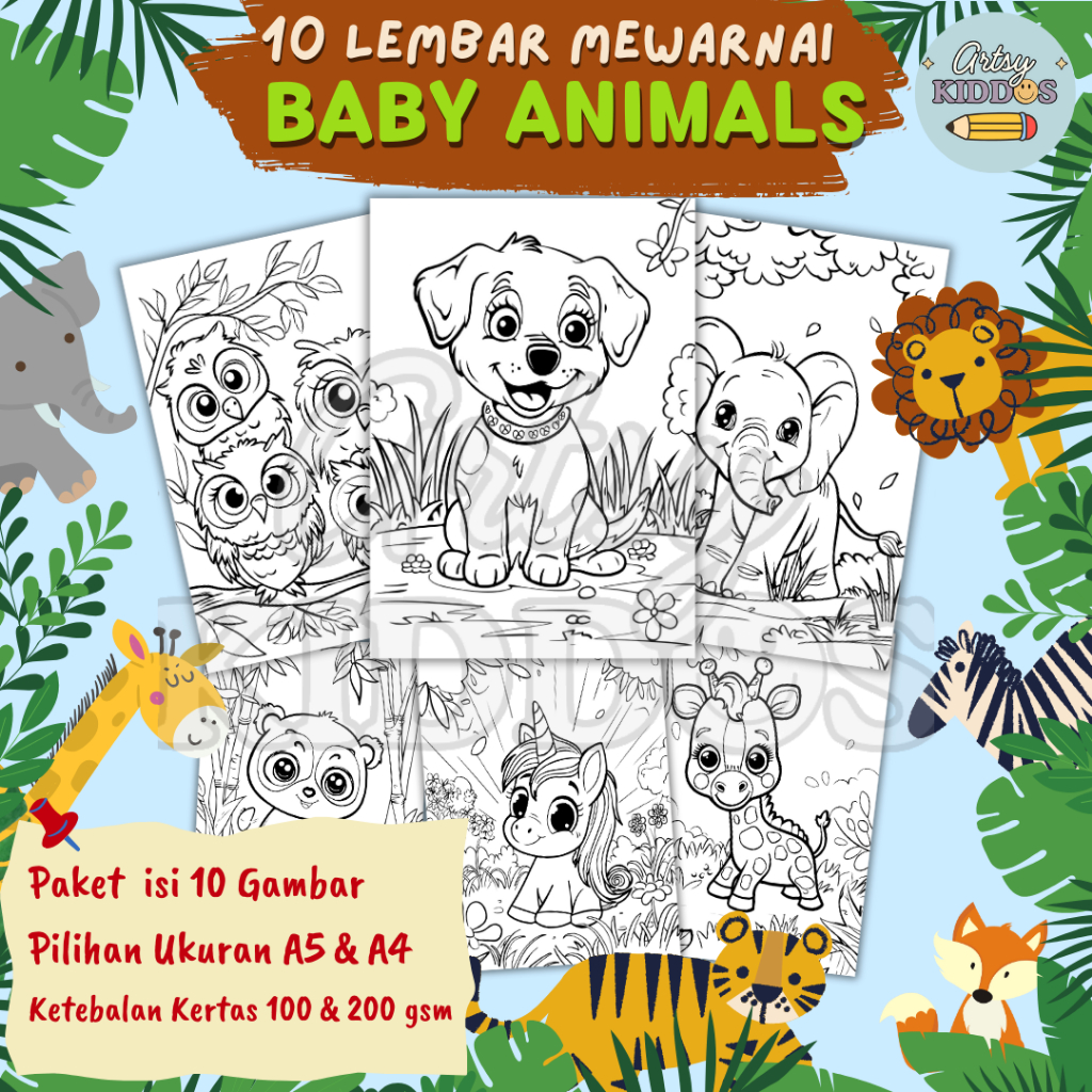 

10 Kertas Mewarnai / Coloring / Kertas Gambar / Tema Baby Animals Hewan / Anak TK/ PAUD/ Preschool / Activity Book / Anak Kreatif