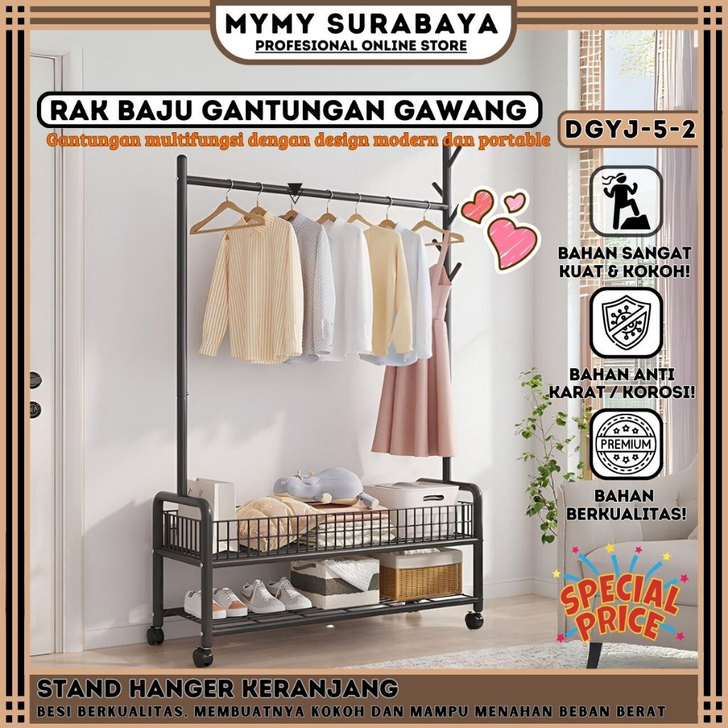 MYMY.SURABAYA Stand Hanger Besi Rak Baju Gantungan Gawang Penyimpanan Multifungsi Baju Jemuran Baju 