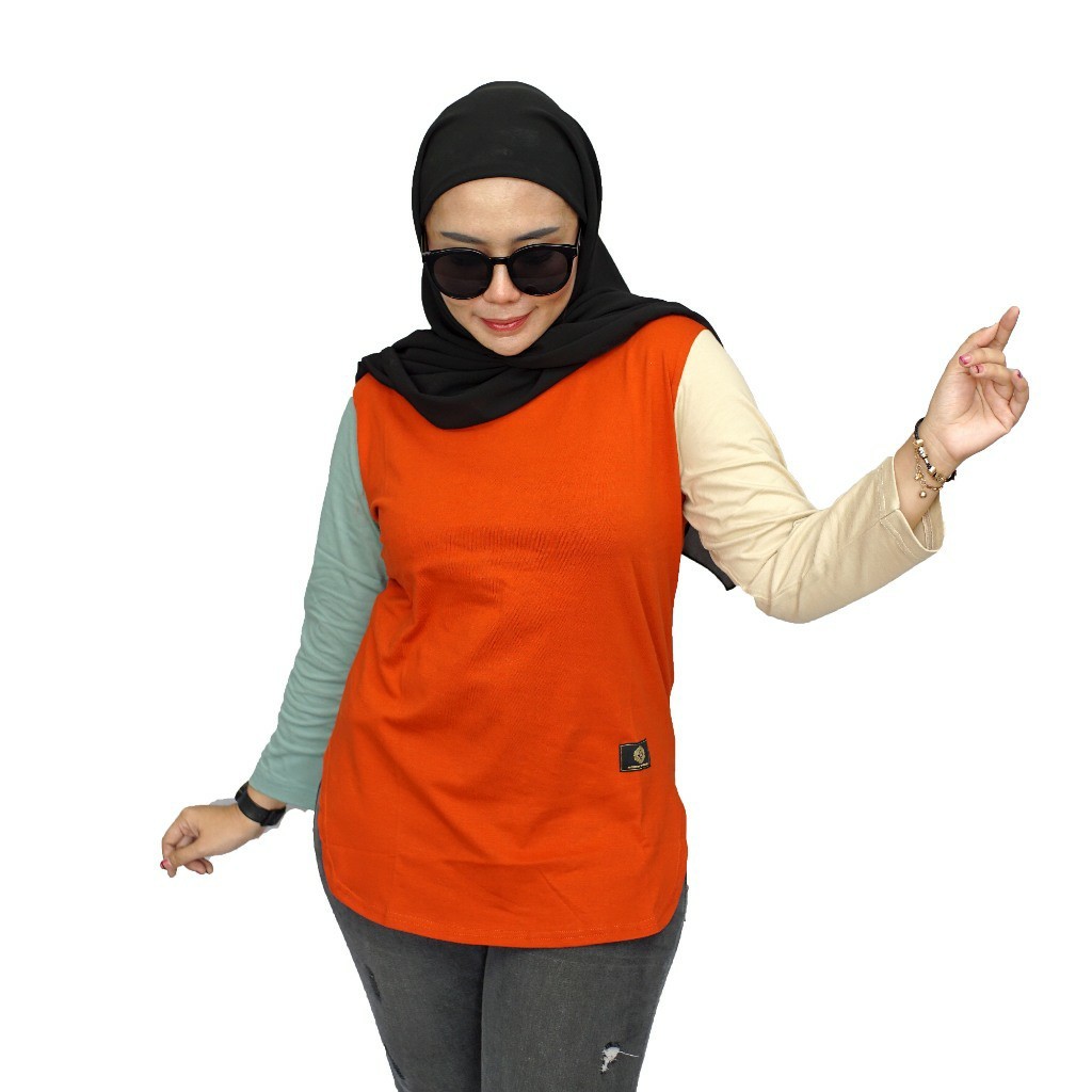 KAOS WANITA | KAOS KOMBINASI 3 WARNA | LENGAN PANJANG | MODEL BAWAH OVAL