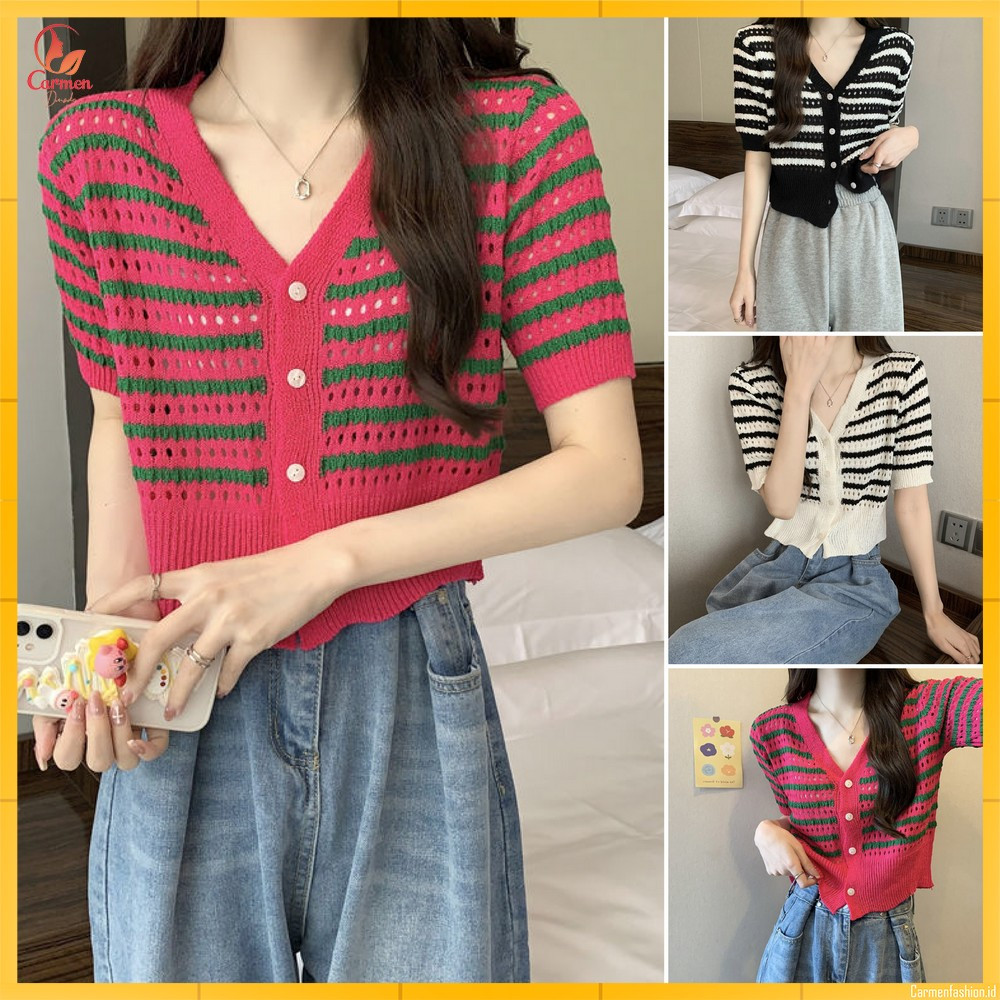 Cardigan Rajut Wanita Model Crop Lengan Pendek Knitwear / Outer Knit Motif Garis Atasan Cardy CF P46