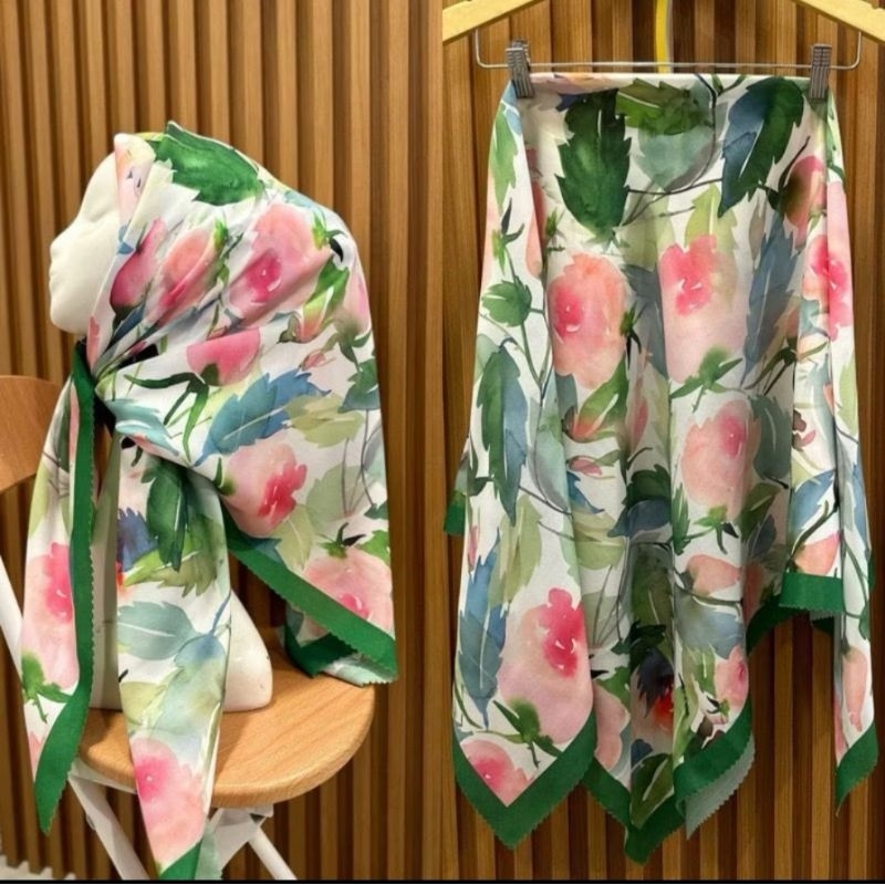HIJAB DAUN HIJAU BUNGA PINK TERMURAH HIJAB SEGI EMPAT / VOAL MOTIF/ LASER CUT /SUBLIMETERLARIS HIJAB