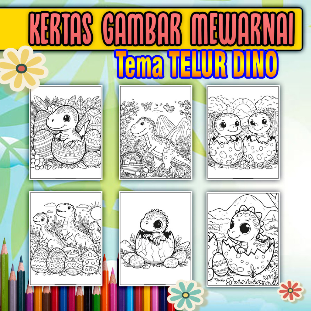 

Kertas Mewarnai Anak paud, sd, smp, sma maupun dewasa kertas tebal ukuran A4 tema TELUR DINO