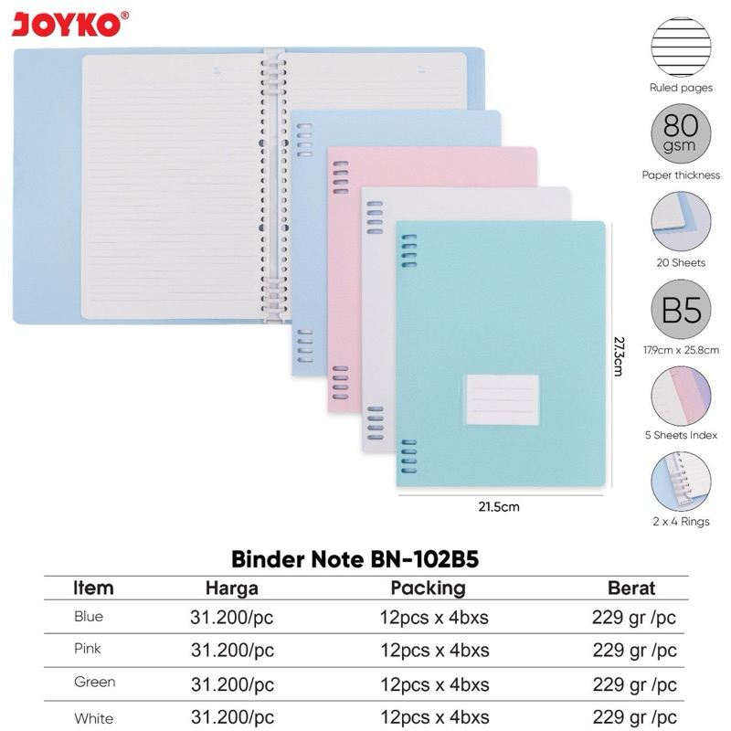 

Map Binder Note A5 / B5 Warna Pastel / Organizer Kertas BN-102B5 / Folder BN-102A5 Joyko