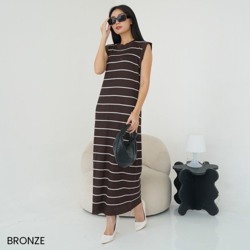 Dress Garis Rajut Frillmingo/long dress/dress tanpa lengan/Dress basic simple/rok wanita kekinian/dr