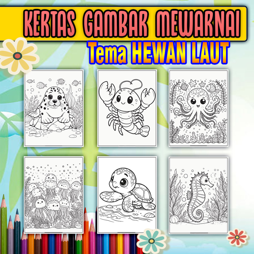 

Kertas Mewarnai Anak paud, sd, smp, sma maupun dewasa kertas tebal ukuran A4 tema HEWAN LAUT