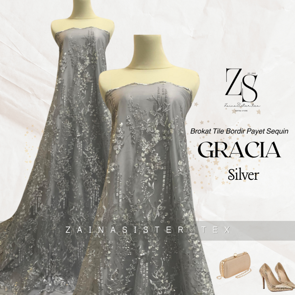 Bahan Kebaya Kain Brokat Tile Bordir Payet Sequin Gracia Series Warna Silver