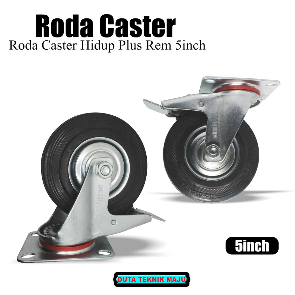 Roda Caster 5 Inch 125mm Rubber Karet Hidup Plus Rem dan Mati / Roda Lori 5'' Roda Troli 1 Pcs