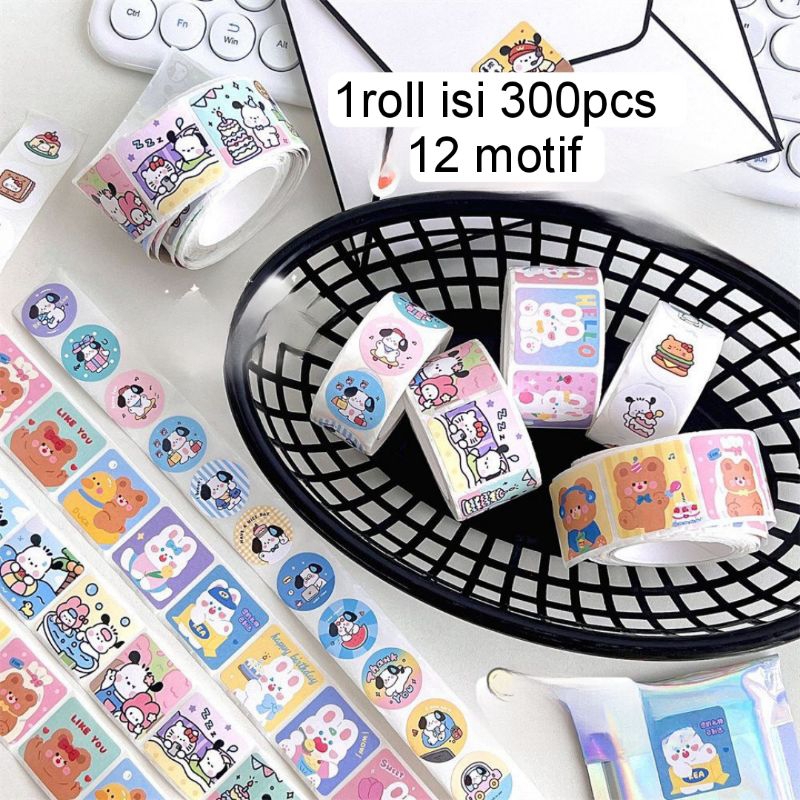 

1ROLL (300PCS) STIKER ROLL MOTIF LUCU 12 pattern Cute sealing stickers