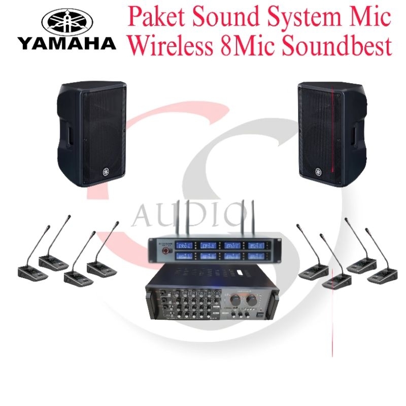 Paket Sound System Mic wireless conference soundbest 8 mic + Speaker yamaha 10inch CBR