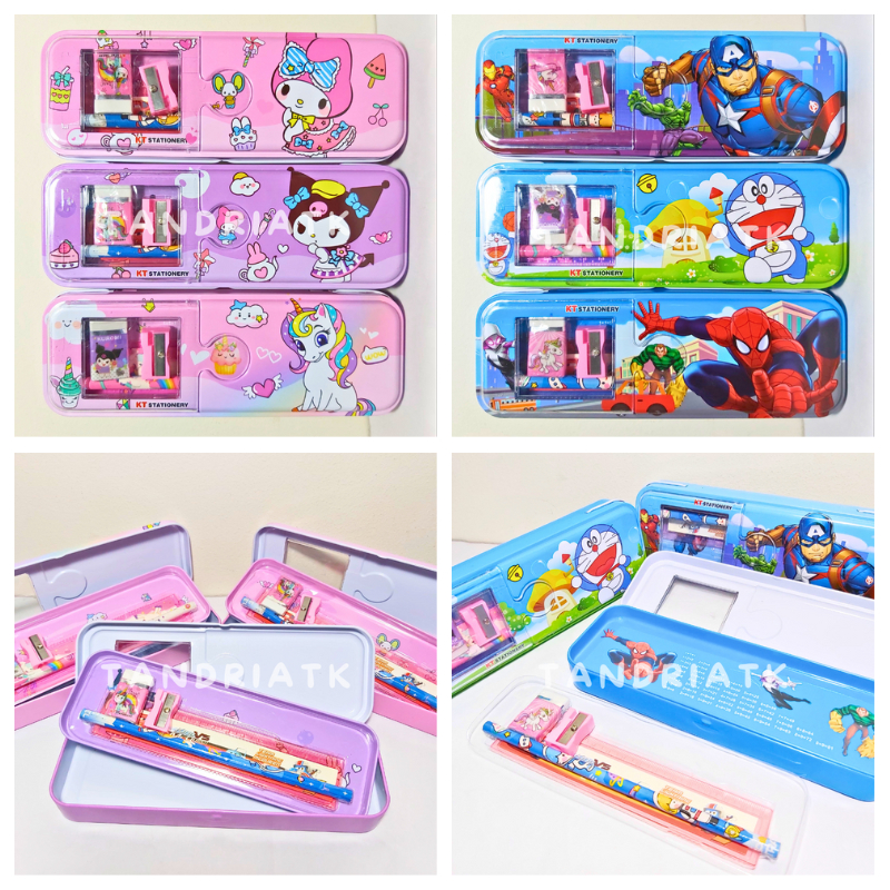 

Tempat Pensil Kaleng 2 Susun Set Isi Alat Tulis SNR KT-6647 Motif Kuromoi Melody Unicorn Superhero Doraemon