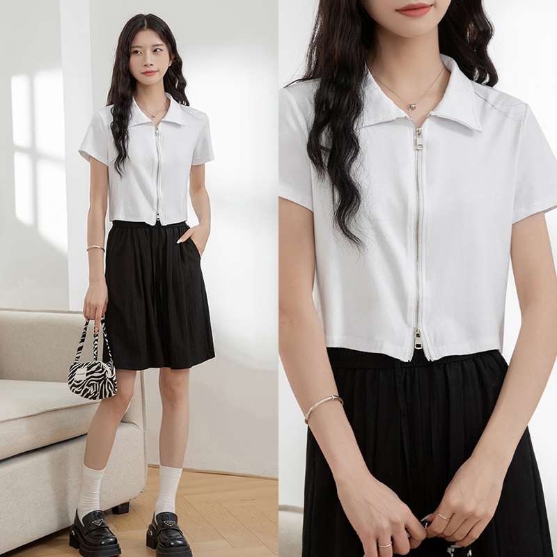 Kaos Polo Pendek Ritsleting Kaos Lengan Pendek Untuk Wanita/ Kaos Crop Putih polos Zipper Wanita Kor