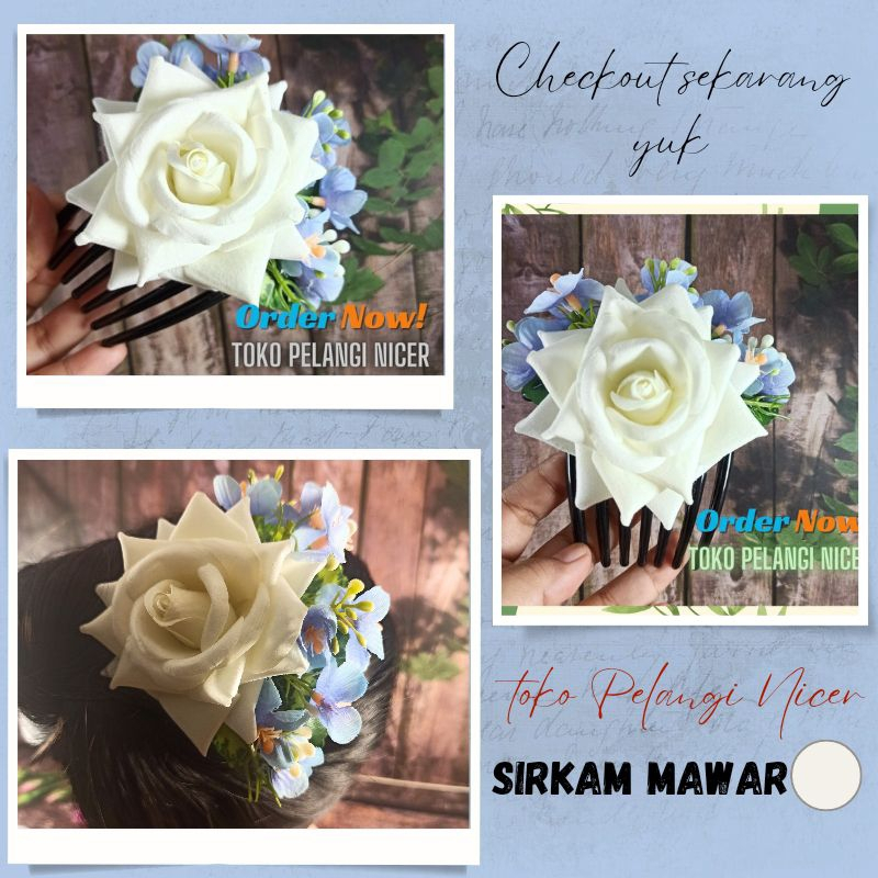 Sirkam Sanggul Rambut Sakura Biru Mix Mawar Putih - Hiasan Sanggul Rambut Hairdo Jepit Rambut