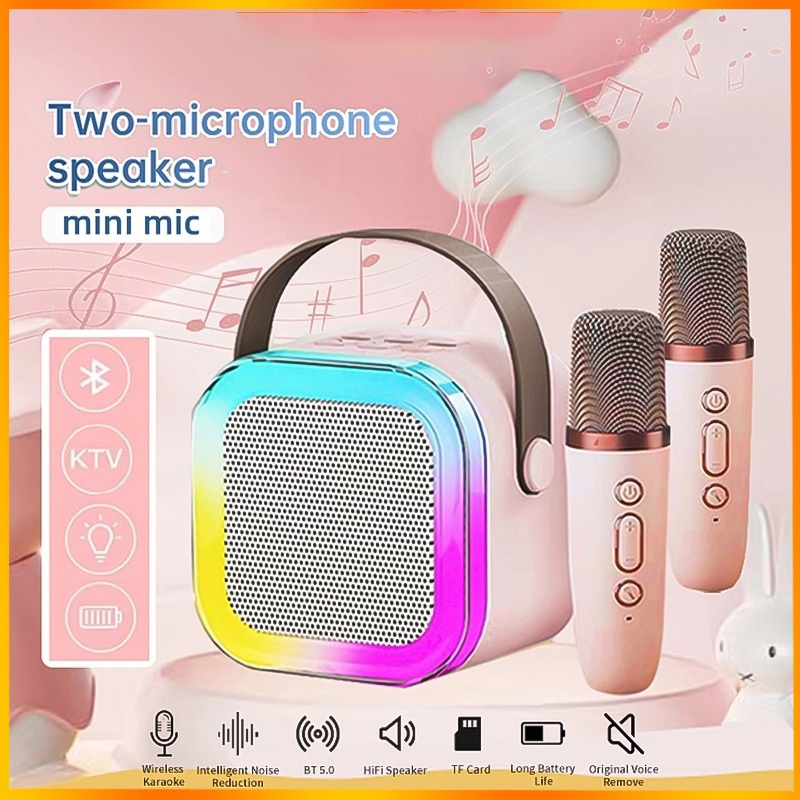 Speaker mini bluetooth 2 mic 1 karaoke Bluetooth 5.3 Set Mini Full Bass Portable Wireless (Dapat ter