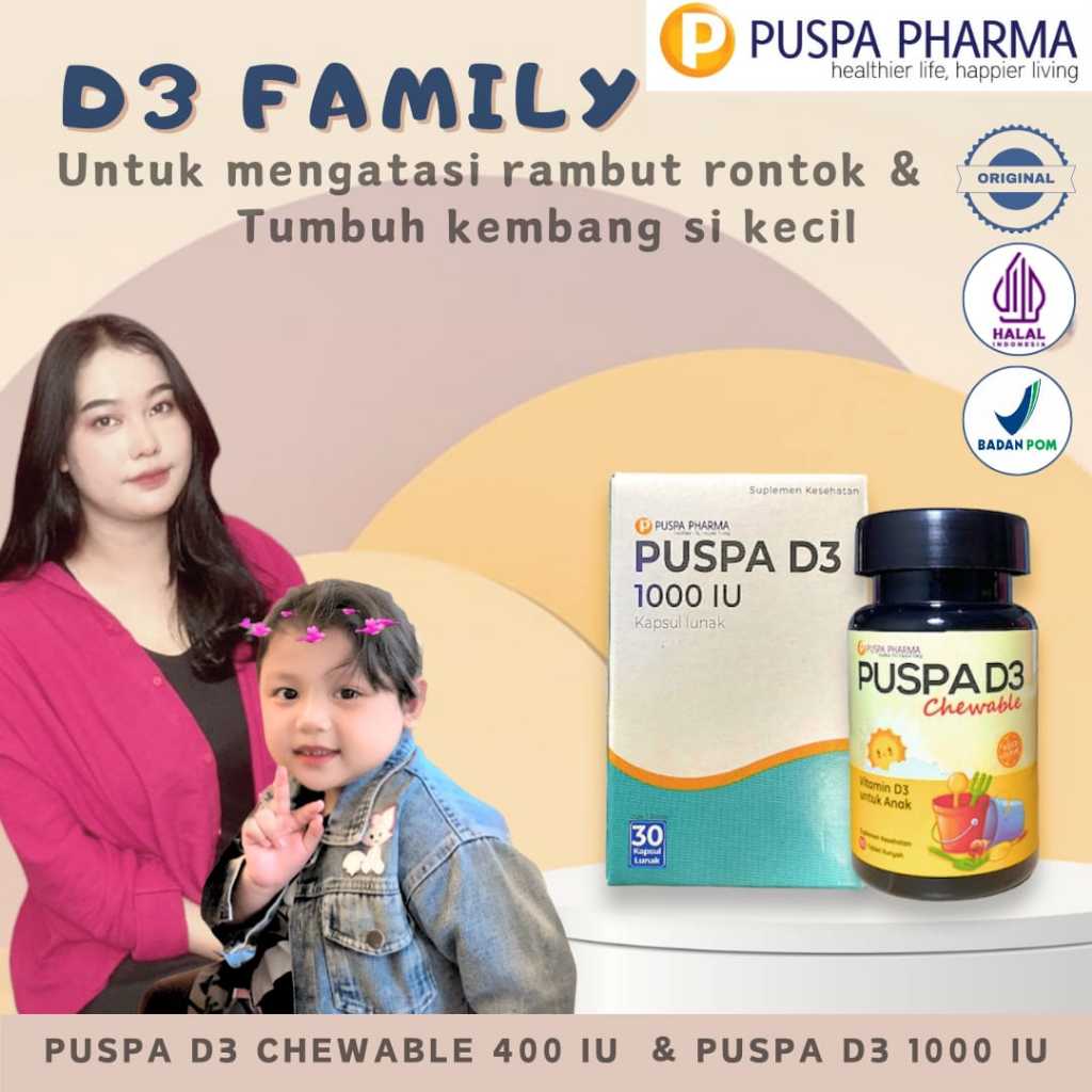 Paket D3 Family SUDAH BPOM & HALAL - Isi Paket 1 Botol Puspa D3 1000 IU (30 Caps) + 1 Botol Puspa D3