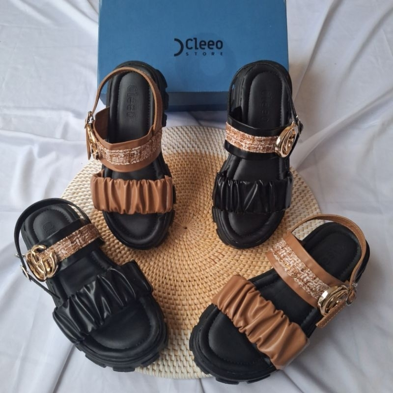 CLEEO Sandal Tali Flatfrom Wedges Sandal Wedges Wanita Kerut Gesper