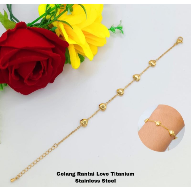 gelang tangan rantai love titanium emas