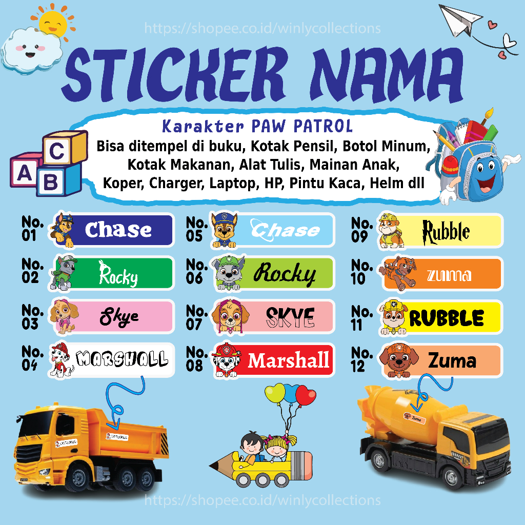 

STICKER LABEL NAMA PAW PATROL PUPPY ANAK ANJING STIKER LEBEL CUSTOM PREMIUM MURAH LUCU BISA TEMPEL DI BUKU KOTAK PENSIL MAINAN ANAK HELM BOTOL MINUM KOTAK MAKANAN ALAT TULIS KOPER LAPTOP HP PINTU KACA