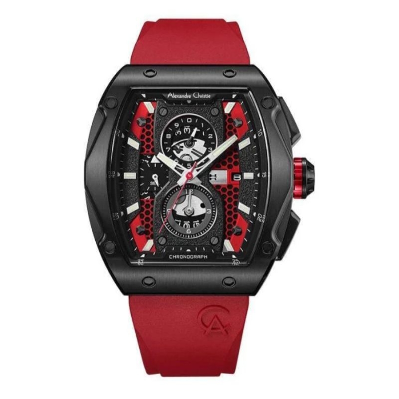 Jam Tangan Pria Alexandre Christie Chronograph AC 6608 MC RIPRE Men Black Dial Red Rubber Strap