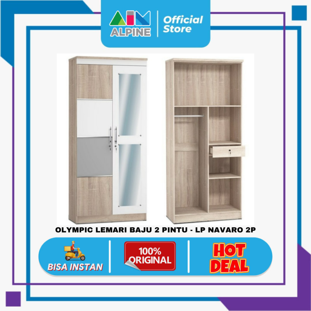 Lemari Pakaian 2 Pintu Olympic LP Navaro 2P - 80x43x180.9cm - Pilihan Warna: Sonoma Oak Cream, Silver, White