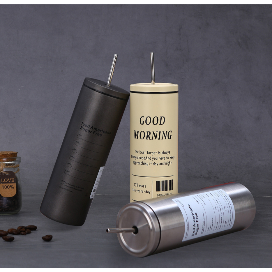 BAS (SLIM) Tumbler Slim Americano Aesthetic Mug Coffee Tea Cup Stainless Steel dengan Sedotan 600ml 