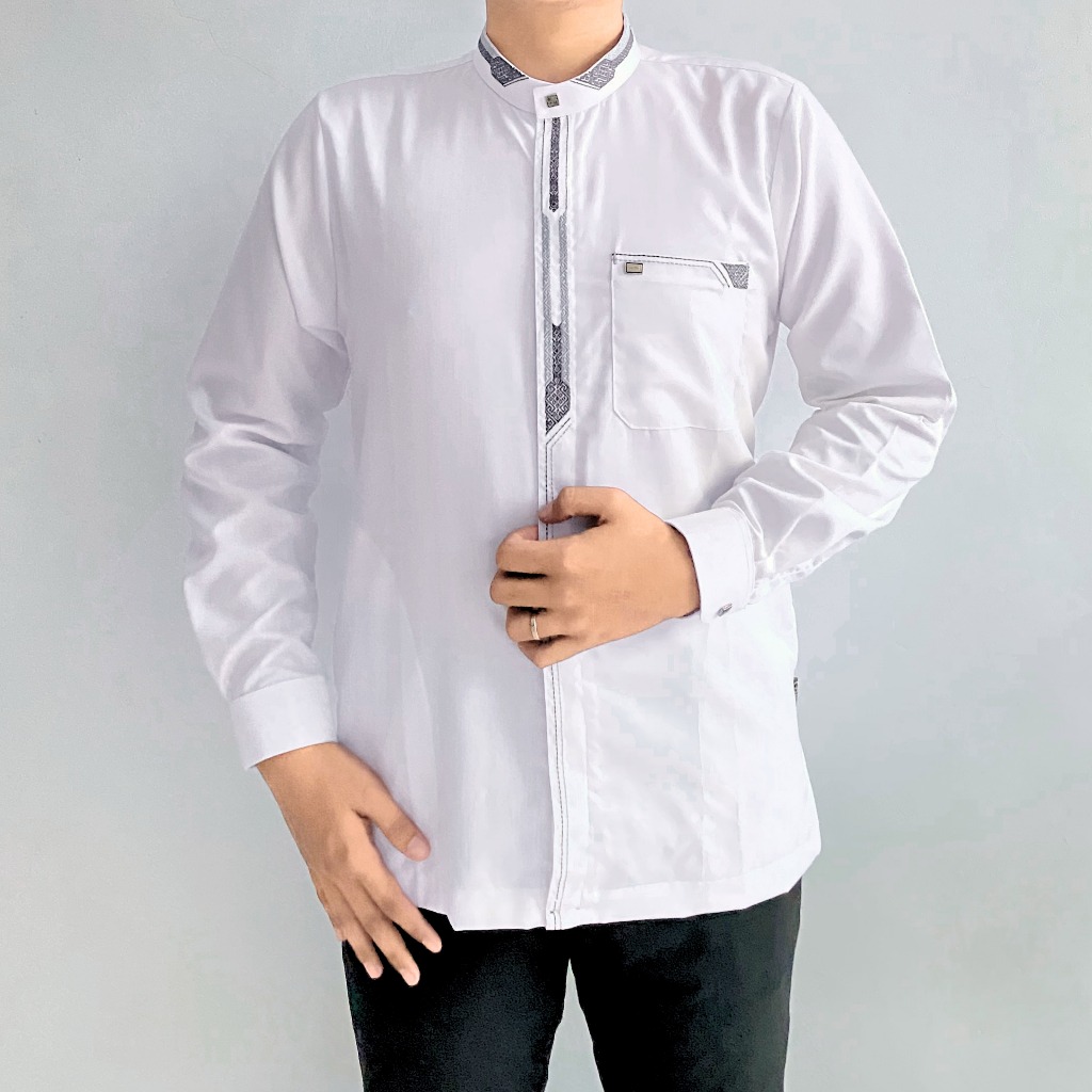 Baju Koko Putih Pria Dewasa Lengan Panjang Manset Atasan Muslim Minimalis