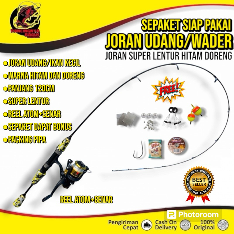 1 Set Joran Pancing Udang/Wader Ikan Kecil 120cm Hitam/Doreng Super Lentur Reel Atom Terpasang Senar