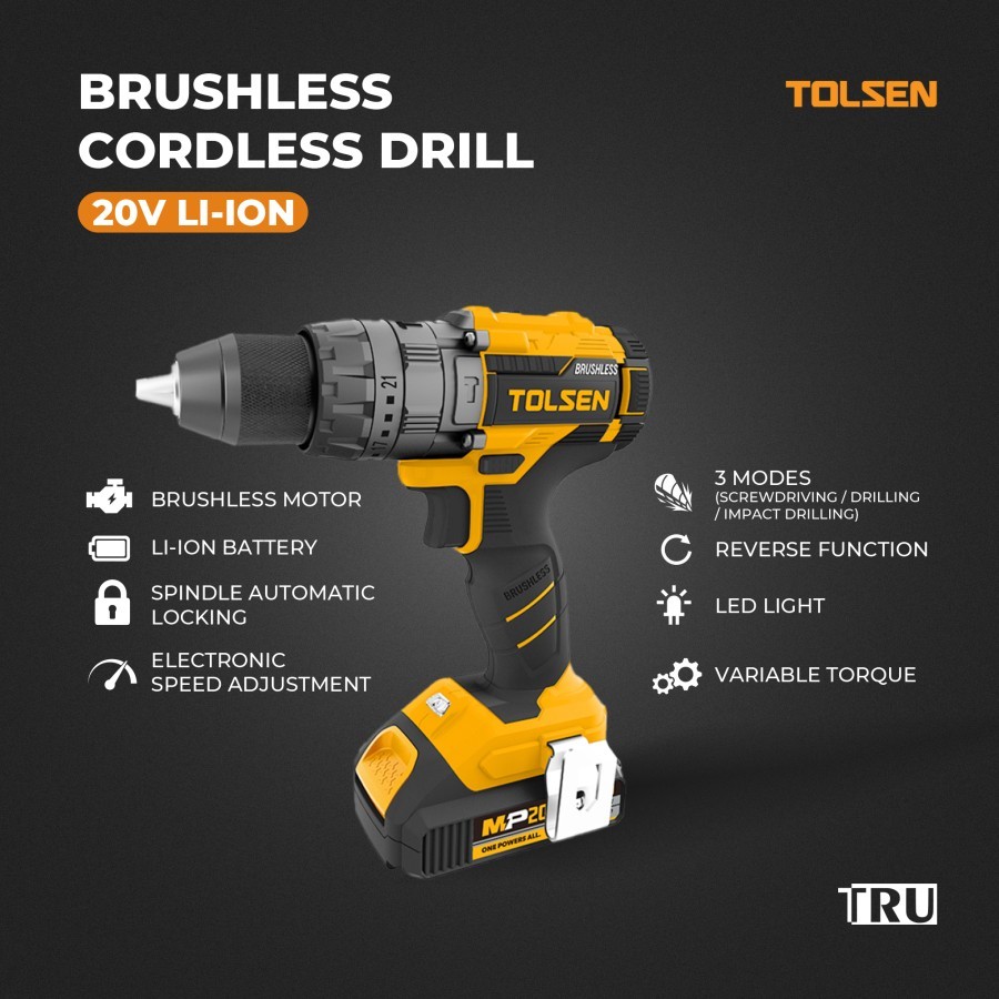TOLSEN Mesin Bor Baterai Cordless 20v Li-ion Brushless Drill
