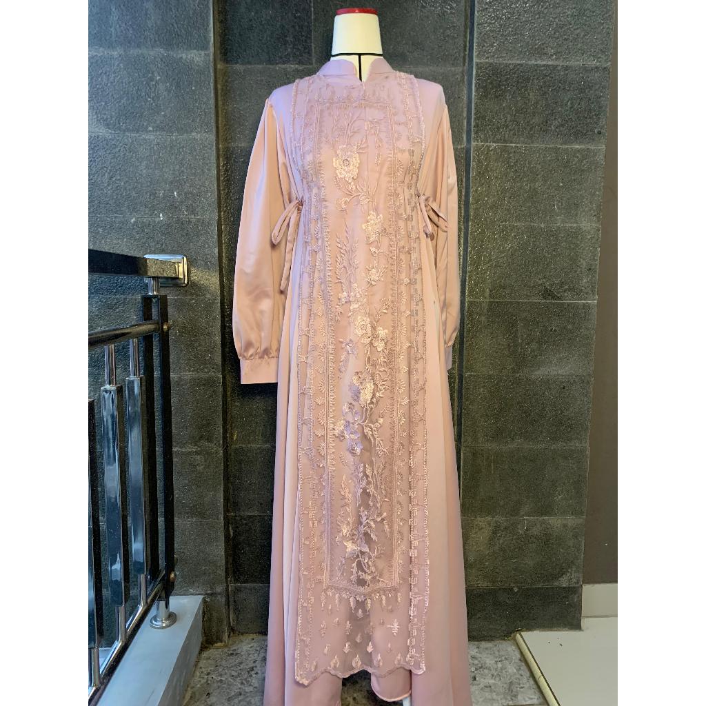 FIONA PINK DRESS ( DRESS BRUKAT BUSUI MOTIF DAN INNER SATIN) GAMIS WANITA MUSLIM KEBYA KONDANGAN LEB