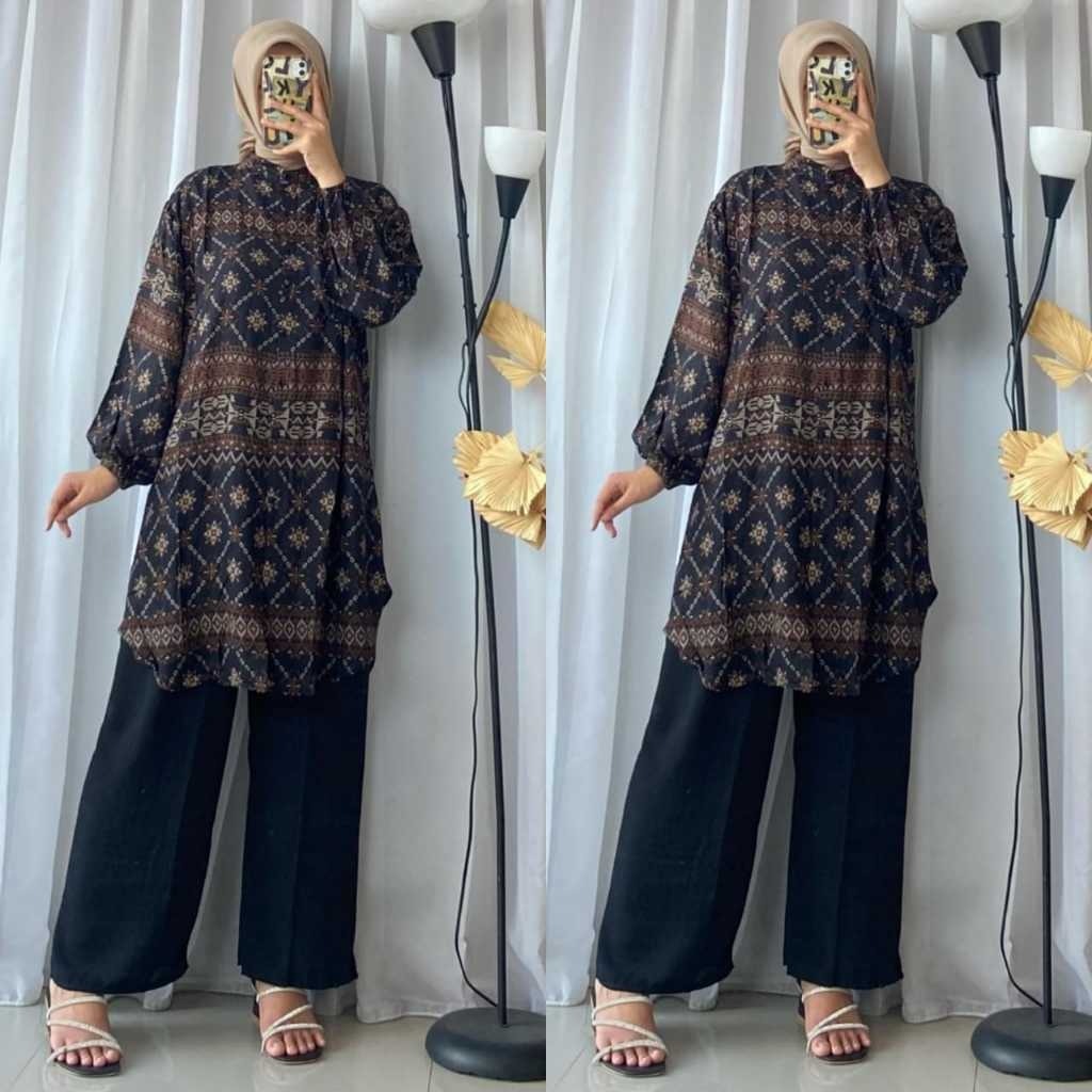 Setelan Nadisa Long Tunik Rayon Motif Batik Mix Celana Crinkle | Fashion Trendy Setelan Terbaru Rayo