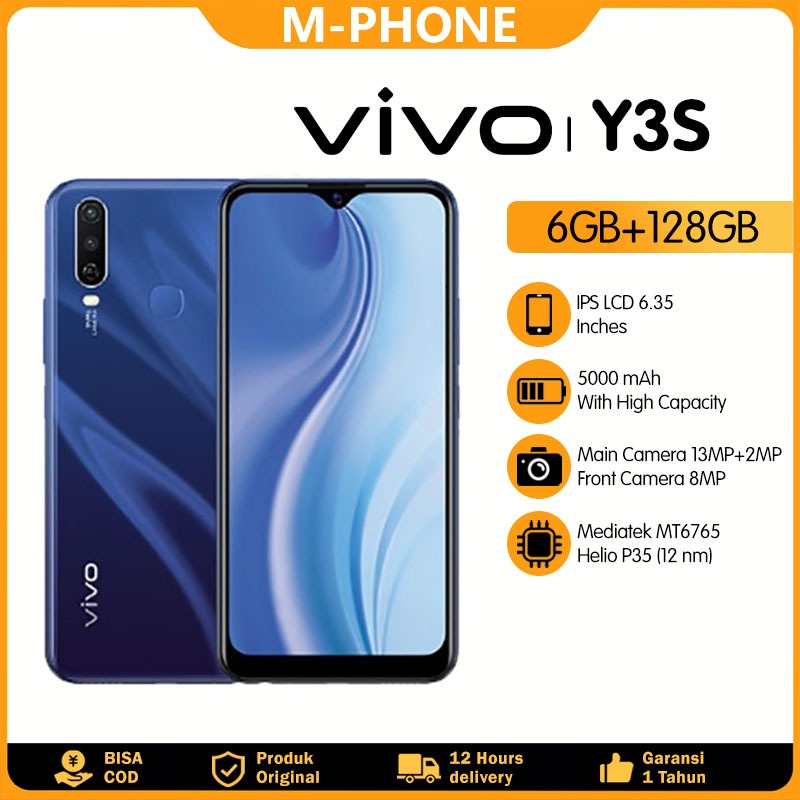 HP VIVO Y3S Smartphone Ram 6GB/128GB 6.35 inches MURAH handphone Android Baterai 5000mAh