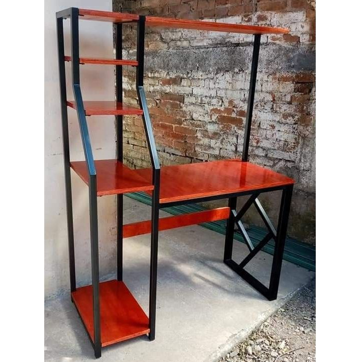Meja Belajar Model Rak Buku Rangka Besi Meja Kayu Jati Solid | Meja Kantor Industrial