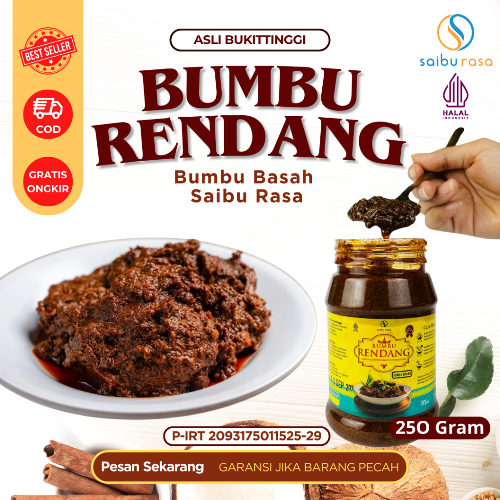 

Bumbu Rendang Original Saibu Rasa ( Bumbu Basah ) 250 Gram - Bumbu Masak instan Khas Bukittinggi Bumbu Dapur yang terbuat dari Rempah pilihan berkualitas tinggi tanpa bahan pengawet Ideal digunakan untuk memasak daging sapi,ayam & bahan protein lainnya