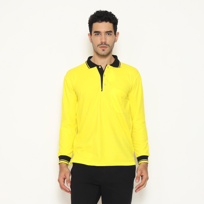 KAOS POLO SHIRT - LENGAN PANJANG - KUNING KENARI - KERAH HITAM - SAKU