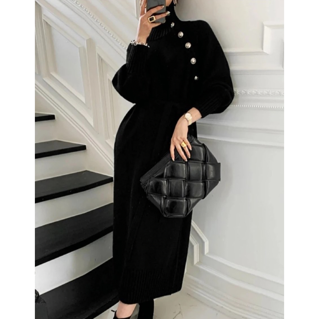 DRESS MAYDEN SWEATER KANCING PANJANG 3/4 WOL HANGAT MUSIM DINGIN HITAM BASIC POLOS PAKAIAN HANGAT WA