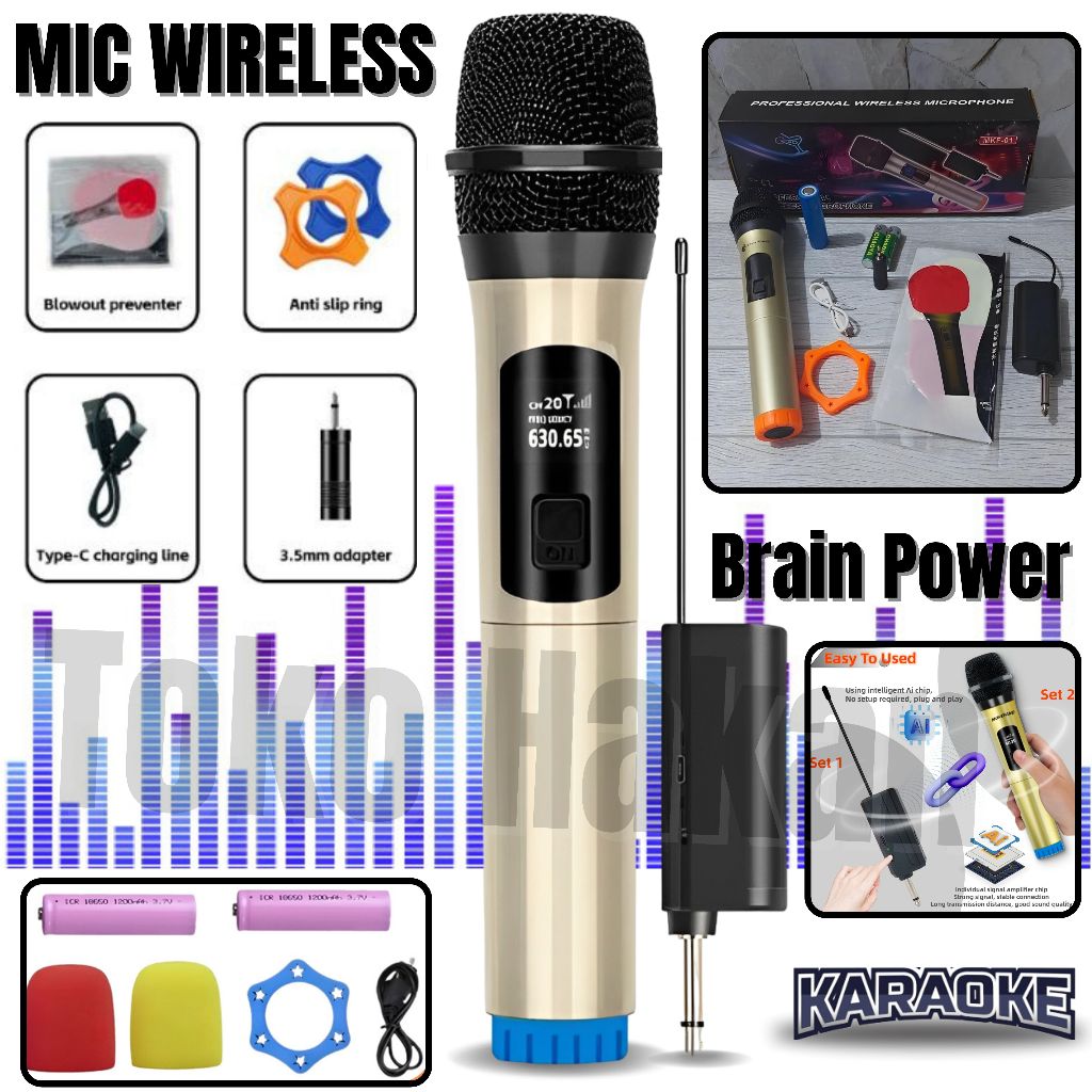 Mic Wireless / Mikrofon Wireless Brain Power MKF-01 / Mic Ori / MIC KARAOKE / Microphone Karoke Mic 