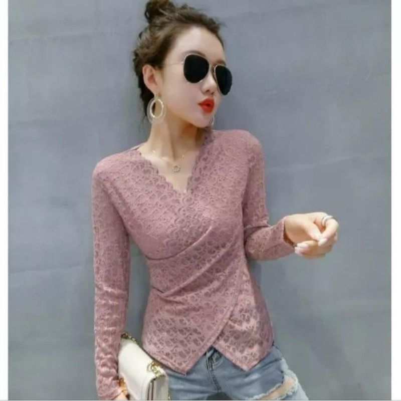 2790 Atasan Fashion Pakaian Baju blus blouse blouses kemeja lengan panjang lace renda vineck katbol 