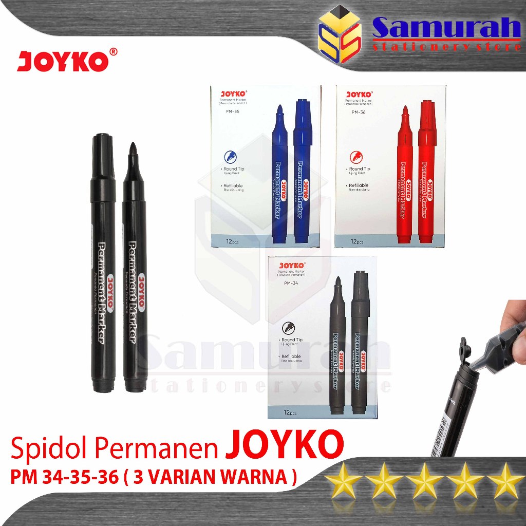 

Spidol Permanent Marker Joyko PM 34 Hitam / Pm 35 Biru / PM 36 Merah Bisa Refill isi Ulang - Per Lusin