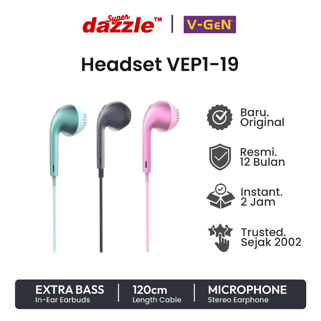 Headset V-GeN VEP1-19 Earphone Kabel Handsfree Garansi Resmi 12 Bulan VGEN VEP1 19 Indonesia - promo