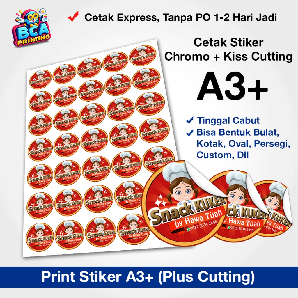 

Print stiker + cutting | cetak stiker cromo / chromo / kromo / bontax / bontak A3+ cutting | Stiker Label Kemasan UMKM | cetak stiker + kiss cutting