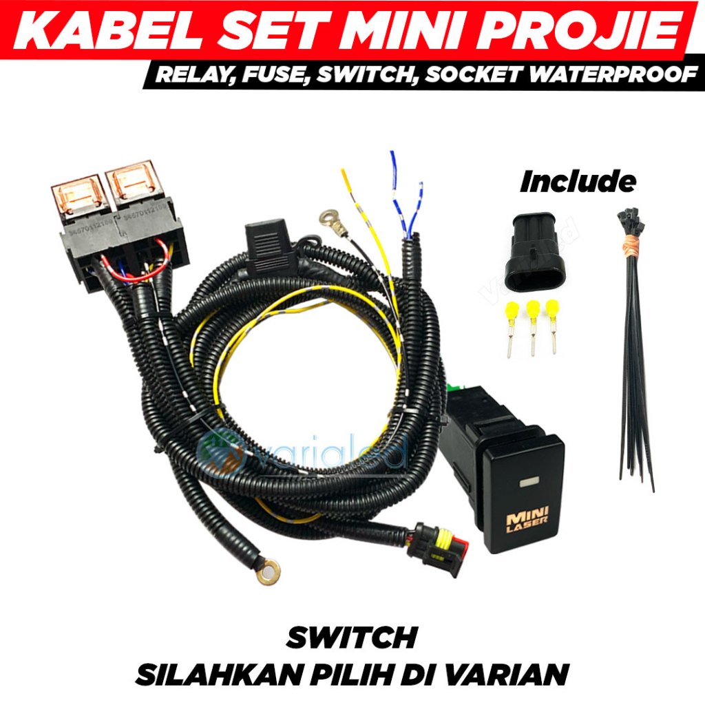 Kabel Set Mini Projie Hi-Low 2 Warna Switch Relay Fuse Waterproof Bisa Vahid VLPro Aes Saber Mobil