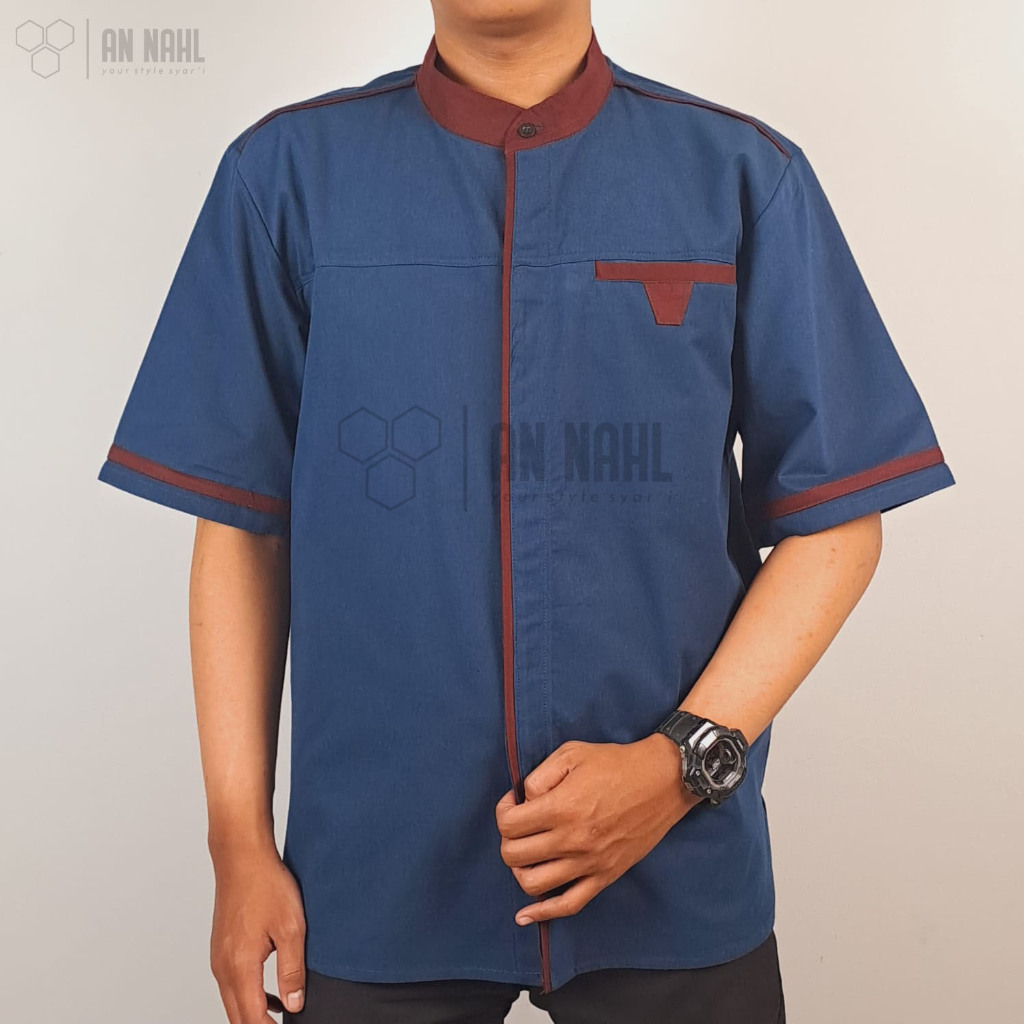 Koko Kurta Pria Lengan Pendek Baby kanvas Navy Strip Maroon